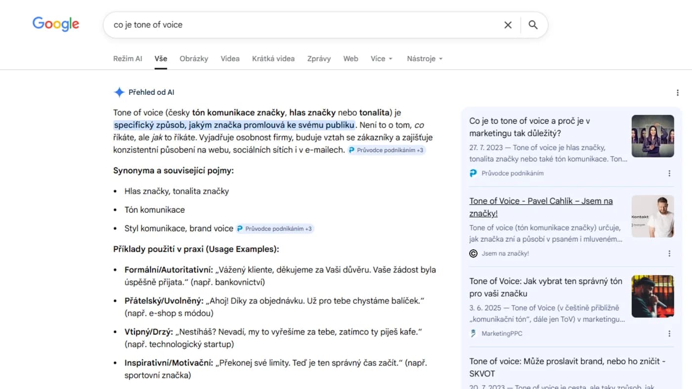 Příklad AI přehledu nad organickými výsledky vyhledávání na google.cz