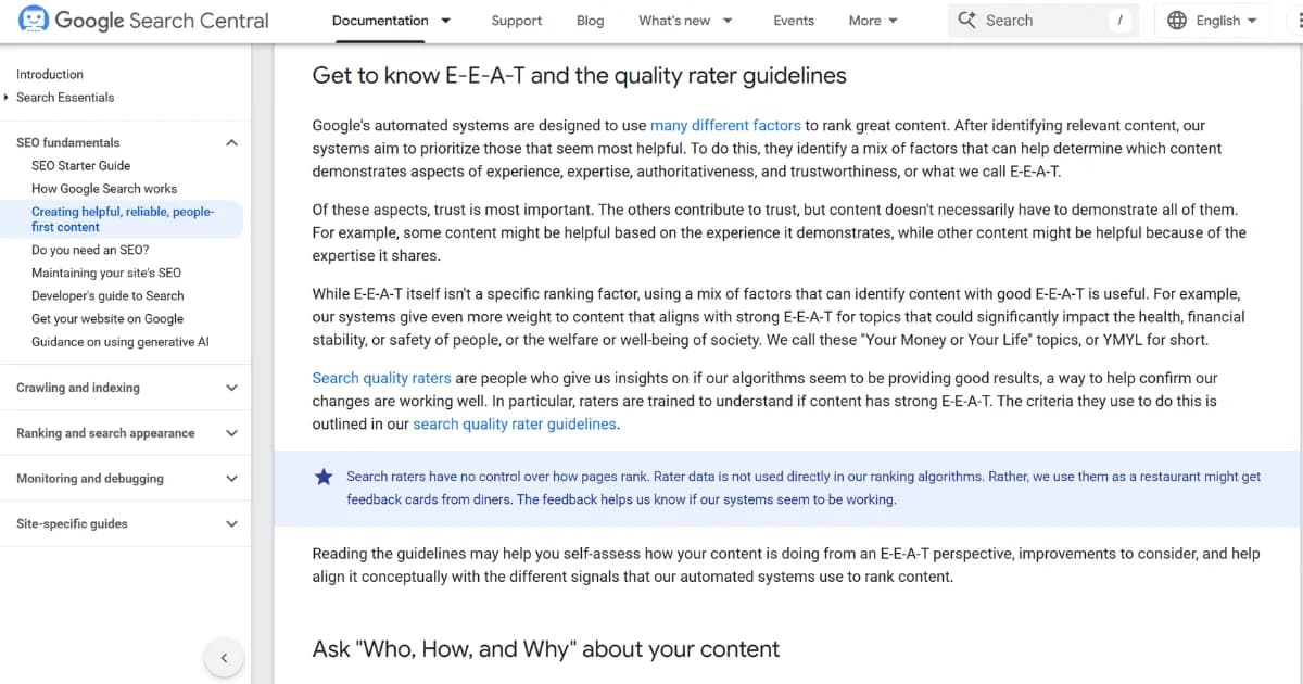 Sekce Google Search Central věnovaná E-E-A-T a Search Quality Rater Guidelines